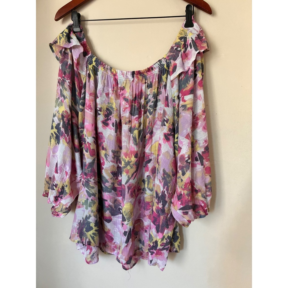 Zac & Rachel Woman Floral Off Shoulder Blouse Pink Yellow 2X Plus Size Boho Top